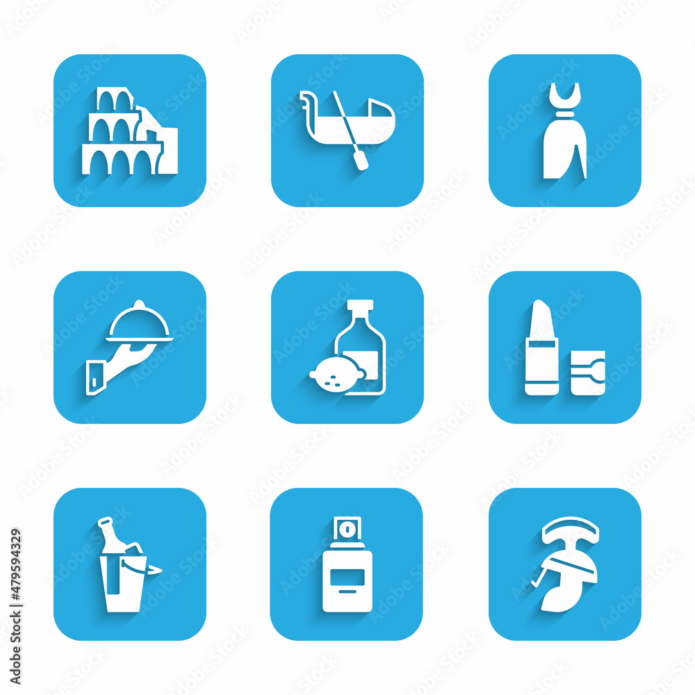 Set Limoncello bottle, Perfume, Roman army helmet, Lipstick, Bottle of wine in bucket, Covered with tray food, Woman dress and Coliseum Rome icon. Vector Set Limoncello bottle, Perfume, Roman army helmet, Lipstick, Bottle of wine in bucket, Covered with tray food, Woman dress and Coliseum Rome icon. Vector