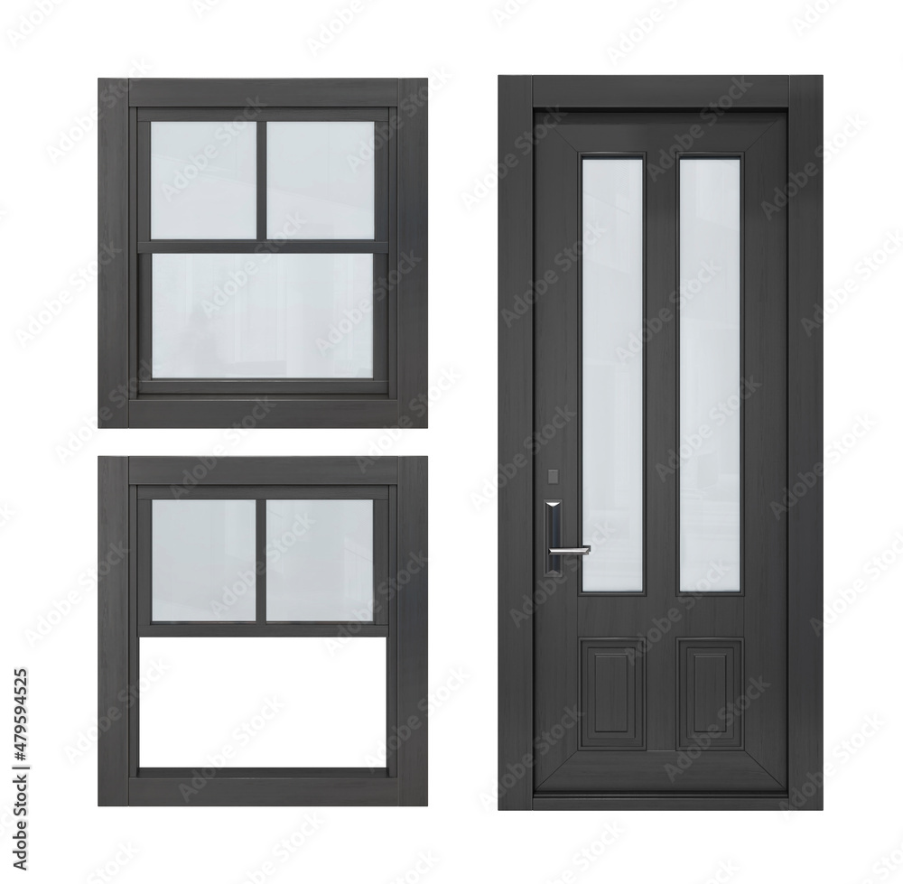 wooden doors with windows. Closed and open windows. 3D illustration wooden doors with windows. Closed and open windows. 3D illustration