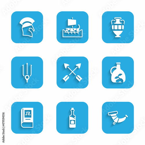 Set Crossed arrows, Bottle of wine, Hunting horn, olive oil, Greek history book, Neptune Trident, Ancient amphorae and helmet icon. Vector