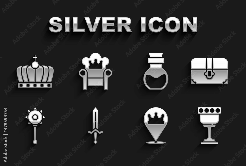 Set Medieval sword, Antique treasure chest, goblet, Location king crown, chained mace ball, Poison bottle, King and throne icon. Vector