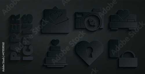 Set Heart with keyhole, Bedroom, Wedding cake heart, Diamond engagement ring, Photo camera and Greeting card icon. Vector