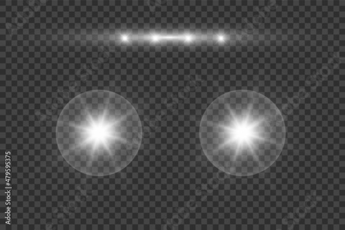 Realistic white glow round beams of car headlights, isolated on transparent background. Police car. Light from headlights. Police patrol.