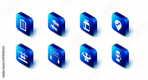 Set Sport sneakers, Sports nutrition, Location gym, Smart watch, Bodybuilder muscle, Jump rope, Bench with barbel and training program icon. Vector