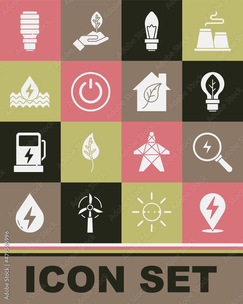 Set Lightning bolt, bulb with leaf, Power button, Water energy, LED light and Eco friendly house icon. Vector Set Lightning bolt, bulb with leaf, Power button, Water energy, LED light and Eco friendly house icon. Vector