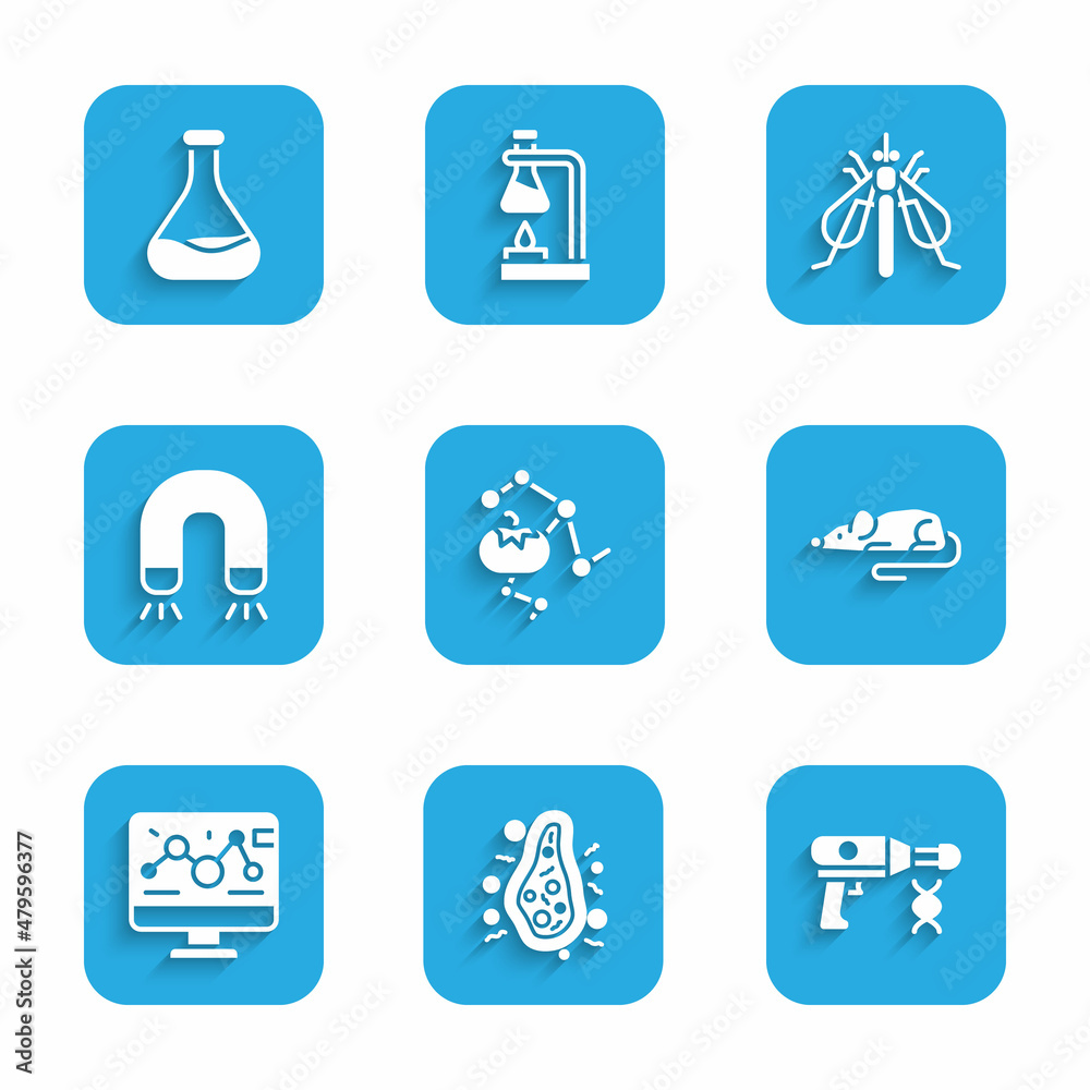 Set Genetically modified food, Bacteria, Transfer liquid gun, Experimental mouse, engineering modification, Magnet, insect and Test tube and flask icon. Vector Set Genetically modified food, Bacteria, Transfer liquid gun, Experimental mouse, engineering modification, Magnet, insect and Test tube and flask icon. Vector