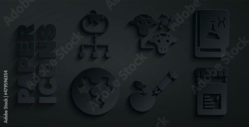 Set Genetically modified apple, engineering book, Biohazard symbol, Jar with additives, Cloning and food icon. Vector