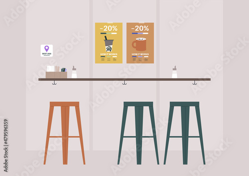 A coffeeshop interior, a bar counter with high stools and promo posters