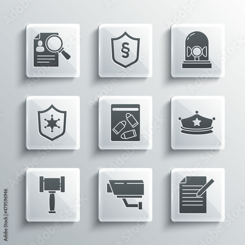 Set Security camera, Document and pen, Police cap with cockade, Evidence bag bullet, Judge gavel, badge, Paper analysis magnifying and Flasher siren icon. Vector