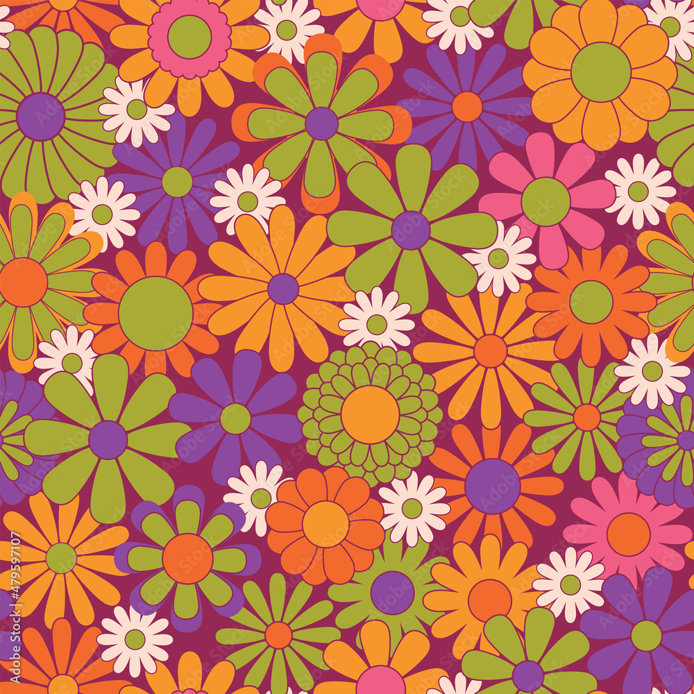 Colorful floral seamless pattern. Groovy flowers vector illustration, hippie  aesthetic. Funny multicolored print for fabric, paper, any surface design. Psychedelic  wallpaper Stock Vector | Adobe Stock