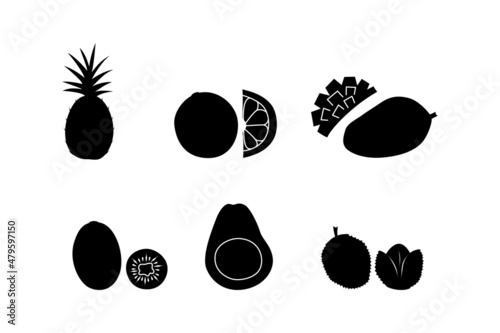 Black silhouettes on a white background, various exotis fruits. Vector illustration. photo