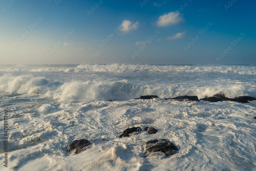 Seascape with strong waves in Quintanilla beach. Arucas. Gran Canaria. Canary Islands