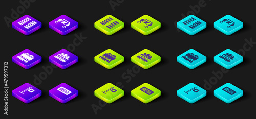 Set Cafe and restaurant location, QR code ticket train, Coal wagon, Cargo, Road barrier and Railway, railroad track icon. Vector