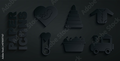 Set Baby bathtub, clothes, pin, Toy train, Pyramid toy and inside heart icon. Vector