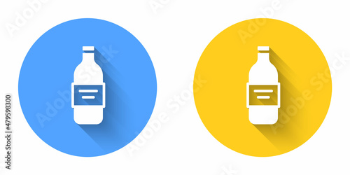 White Glass bottle of vodka icon isolated with long shadow background. Circle button. Vector