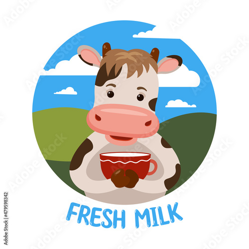 Cute spotted cow with a cup of milk. Character for dairy product design.