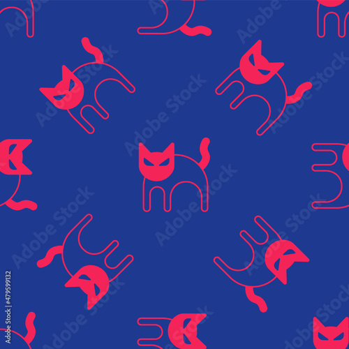 Red Black cat icon isolated seamless pattern on blue background. Happy Halloween party. Vector