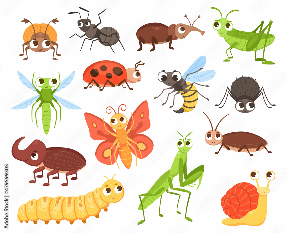 Cartoon insects. Cute bug characters. Crawling beetle or flying butterfly  with big eyes for kids illustration. Grasshopper and ladybug. Entomology  collection. Vector funny animals set Stock Vector | Adobe Stock