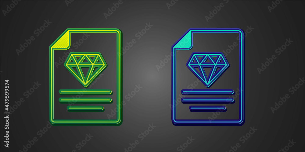 Green and blue Certificate of the diamond icon isolated on black background. Vector Green and blue Certificate of the diamond icon isolated on black background. Vector