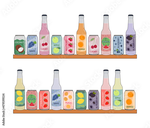 Set of soft drinks in aluminum cans with soda and lemonade on shelve. Carbonated non-alcoholic water with fruit, berry flavor. Hand drawn vector illustration isolated on white background