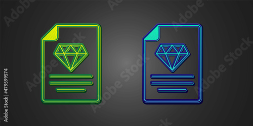 Green and blue Certificate of the diamond icon isolated on black background. Vector