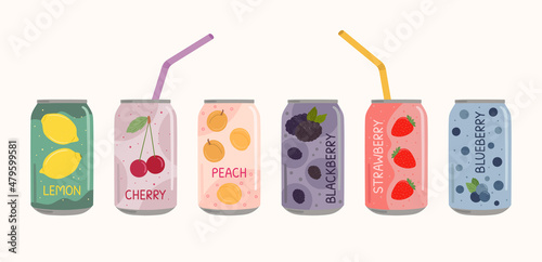 Set of soft drinks in aluminum cans with soda and lemonade, straws. Carbonated non-alcoholic water with fruit, berry flavors. Hand drawn vector illustration isolated on color background