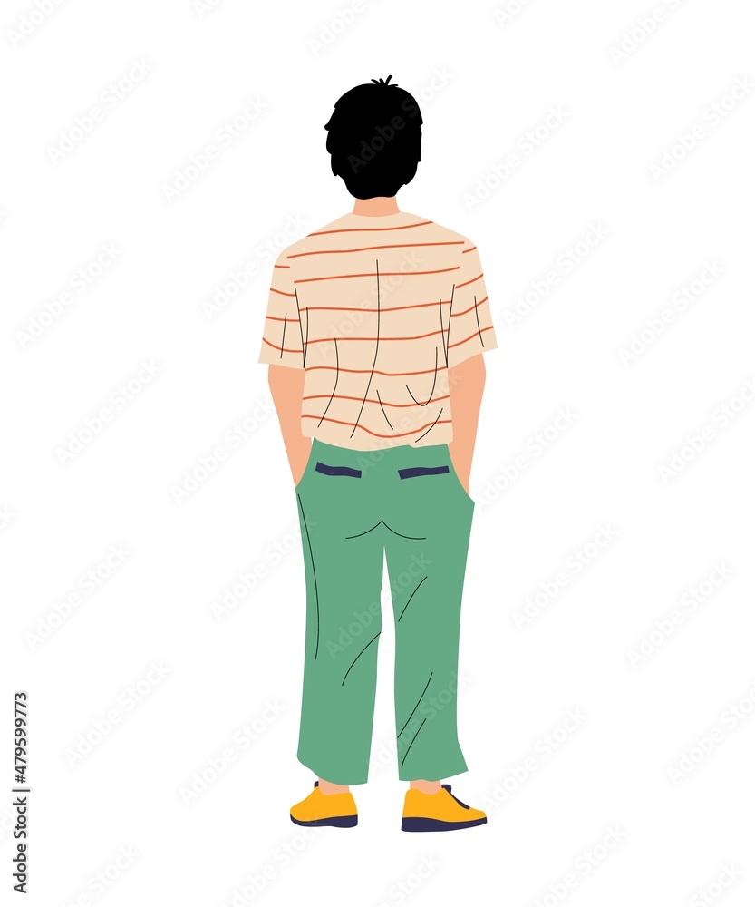 Man with hands in pockets. View from behind on teenager standing in relaxing position. Isolated walking or waiting character. Caucasian guy in casual clothing. Vector thinking person Man with hands in pockets. View from behind on teenager standing in relaxing position. Isolated walking or waiting character. Caucasian guy in casual clothing. Vector thinking person