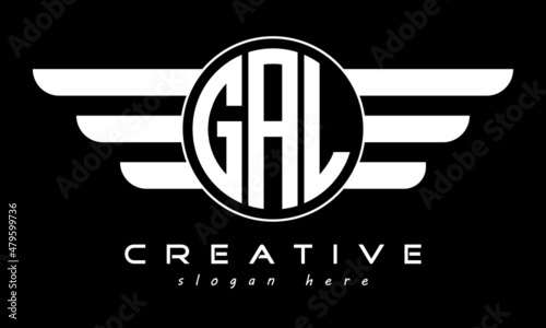 GAL three letter monogram type circle letter logo with wings vector template.