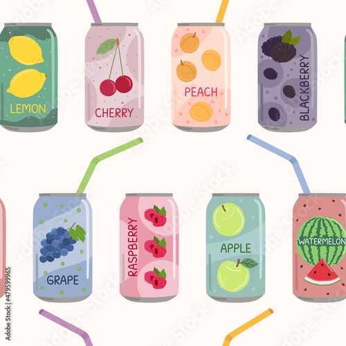 Seamless patterns of soft drinks in aluminum cans with soda and lemonade. Carbonated non-alcoholic water with fruit, berry flavors. Hand drawn vector illustration isolated on white background