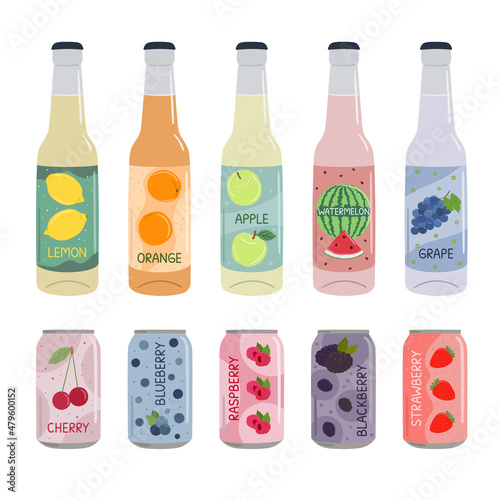 Set of soft drinks in aluminum cans and glass bottles with soda and lemonade. Carbonated non-alcoholic water with fruit, berry flavors. Hand drawn vector illustration isolated on white background