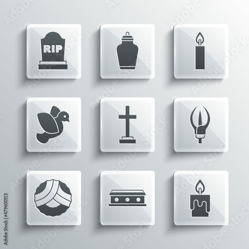 Set Coffin with cross, Burning candle, Lily flower, Grave, Memorial wreath, Dove, Tombstone RIP written and icon. Vector