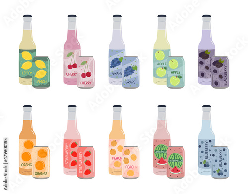 Set of soft drinks in aluminum cans and glass bottles with soda and lemonade. Carbonated non-alcoholic water with fruit, berry flavors. Hand drawn vector illustration isolated on white background