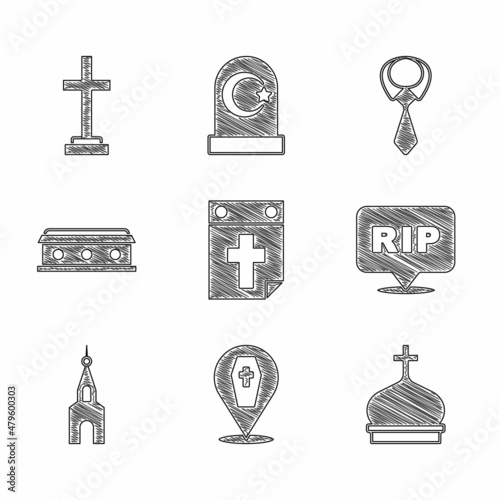 Set Calendar death, Coffin with cross, Church tower, Speech bubble rip, building, Tie and Grave icon. Vector