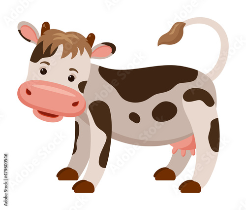 Cute spotted cow in cartoon style. Character isolated on white background.