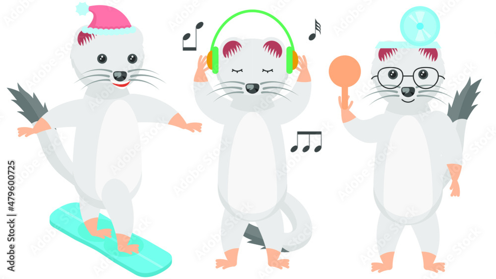 Set Abstract Collection Flat Cartoon Different Animal Ermines Listening To Music On Headphones, Ophthalmologist With Scapula, Snowboarding Vector Design Style Elements Fauna Wildlife