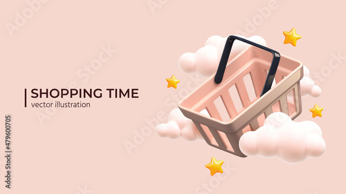Realistic holiday design of Trendy color shopping cart around the clouds and stars. Festive background with luxury shopping basket. 3d render object. Holiday banner, web poster. vector illustration