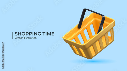 Shopping time - yellow glossy flying realistic shopping cart isolated on blue background. Empty shopping basket. For mobile applications. Vector illustration