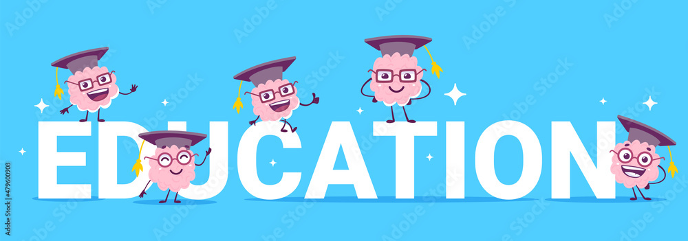 Vector creative illustration of group of happy pink brain character in graduation cap and word education on color background. Flat doodle style knowledge design of happy brain character with word