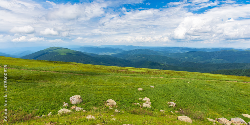 beautiful view of green mountain landscape. sunny outdoor nature scenery in summer. stones on the grassy hill. clouds above ridge on horizon in the distance