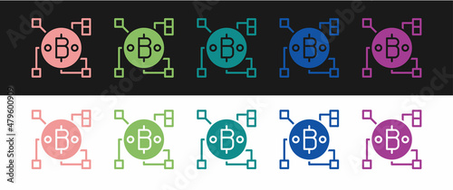 Set Blockchain technology Bitcoin icon isolated on black and white background. Abstract geometric block chain network technology business. Vector