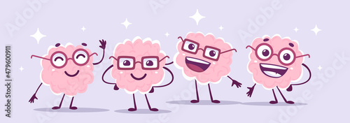 Vector creative illustration of group of happy pink brain character in glasses on color background. Flat doodle style knowledge concept design of team of happy human brain character