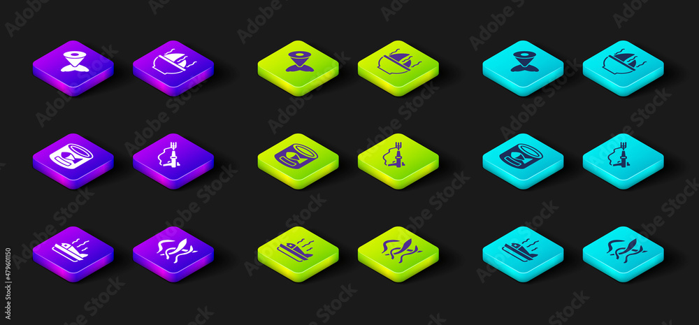 Set Served fish on a plate, Seaweed, Canned, Fishing harpoon, Shark fin soup and tail icon. Vector Set Served fish on a plate, Seaweed, Canned, Fishing harpoon, Shark fin soup and tail icon. Vector