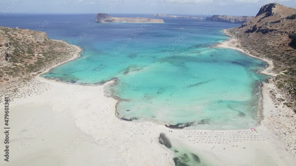 Aerial drone shot of beautiful white sand Balos beach with turquoise water. Sunny summer day. No tourists. Paradise. Crete, Greece. Aerial drone shot of beautiful white sand Balos beach with turquoise water. Sunny summer day. No tourists. Paradise. Crete, Greece.