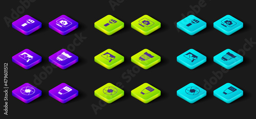 Set Camera shutter, Photo camera flash, retouching, photo lens, and Action icon. Vector