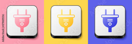 Isometric Electric plug icon isolated on pink, yellow and blue background. Concept of connection and disconnection of the electricity. Square button. Vector