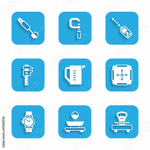 Set Measuring cup, Scales, Area measurement, Wrist watch, Calliper or caliper and scale, Laser distance measurer and spoon icon. Vector