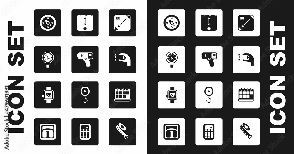 Set Diagonal measuring, Digital thermometer, Pressure water, Compass, Approximate measurements, Depth, Calendar and Smart watch icon. Vector Set Diagonal measuring, Digital thermometer, Pressure water, Compass, Approximate measurements, Depth, Calendar and Smart watch icon. Vector
