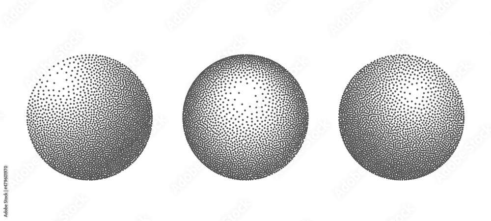 volumetric 3D spheres in the Dotwork halftone style. Grunge black dots with noise effect.