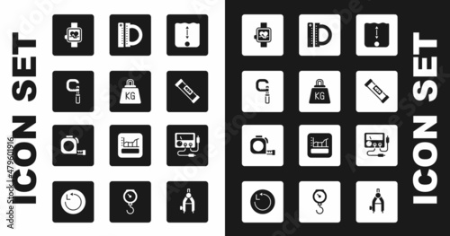 Set Depth measurement, Weight, Micrometer, Smart watch, Construction bubble level, Protractor and ruler, Multimeter, voltmeter and Roulette construction icon. Vector