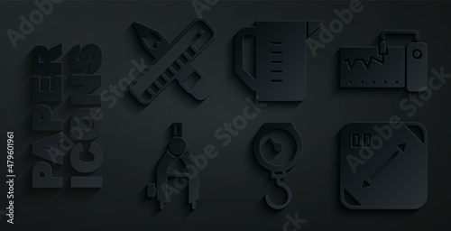 Set Hand scale spring mechanical, Measuring instrument, Drawing compass, Diagonal measuring, cup and Crossed ruler pencil icon. Vector