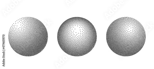 volumetric 3D spheres in the Dotwork halftone style. Grunge black dots with noise effect.